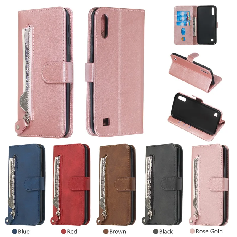 Zipper Pocket Wallet Stand Flip Leather Phone Case for Samsung Galaxy A10/Galaxy M10 - Rose Gold