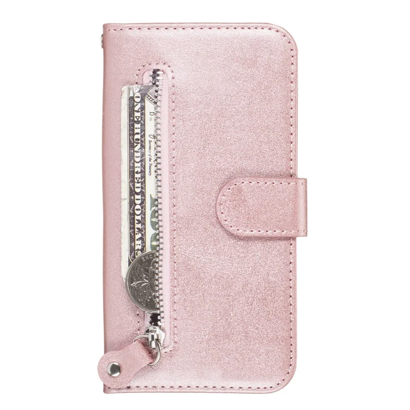 Zipper Pocket Wallet Stand Flip Leather Phone Case for Samsung Galaxy A10/Galaxy M10 - Rose Gold