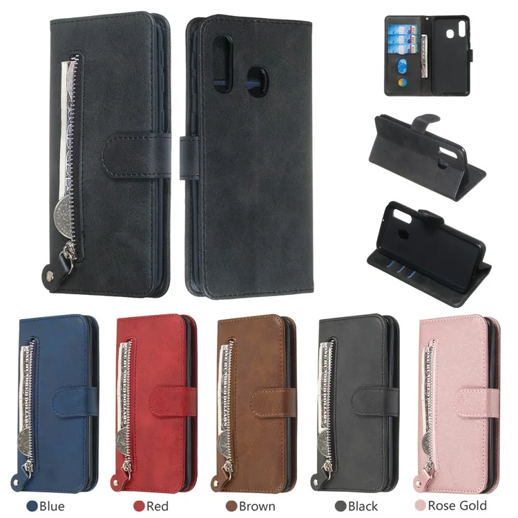 Zipper Pocket Leather Wallet Case for Samsung Galaxy A40 - Black