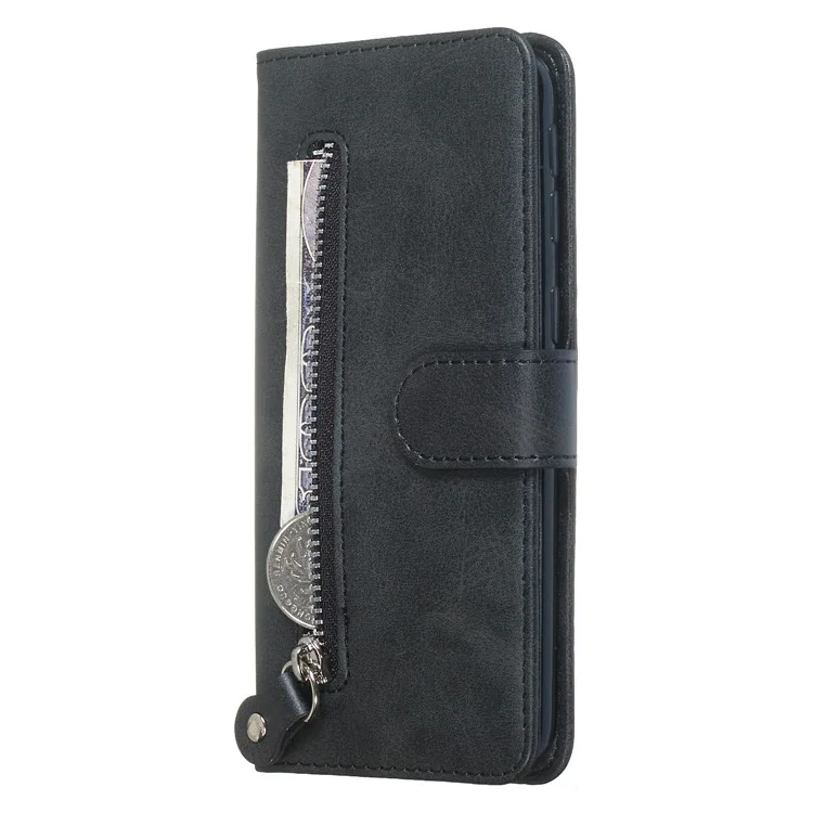 Zipper Pocket Leather Wallet Case for Samsung Galaxy A40 - Black