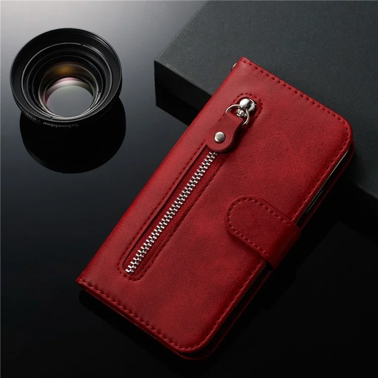Carteira de Bolso com Zíper, Suporte e Capa de Couro para Samsung Galaxy A50/A50s/A30s - Vermelho