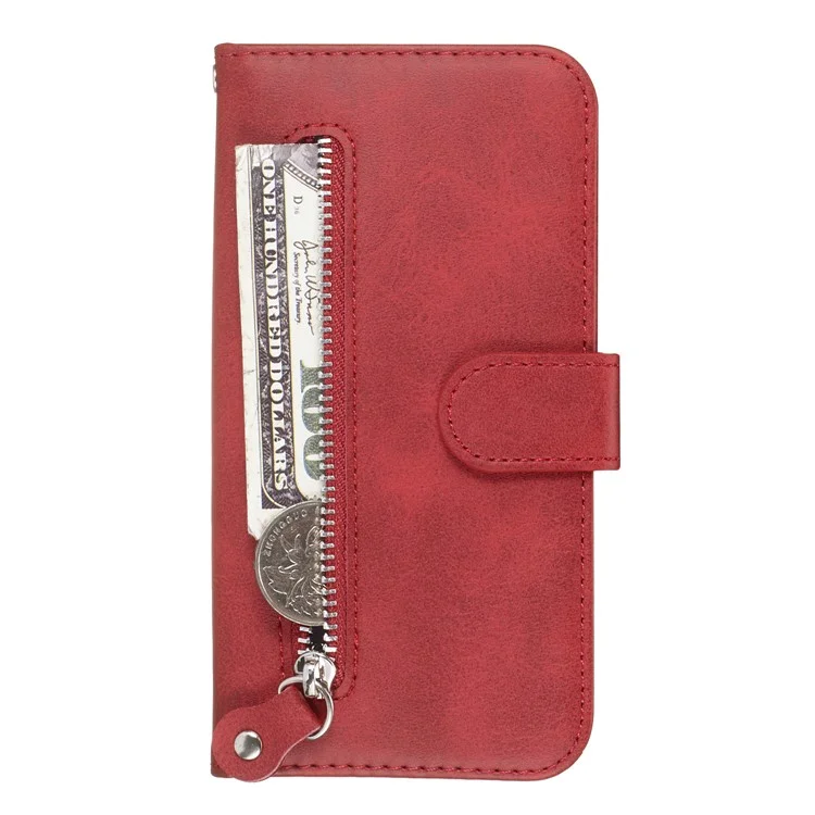 Carteira de Bolso com Zíper, Suporte e Capa de Couro para Samsung Galaxy A50/A50s/A30s - Vermelho