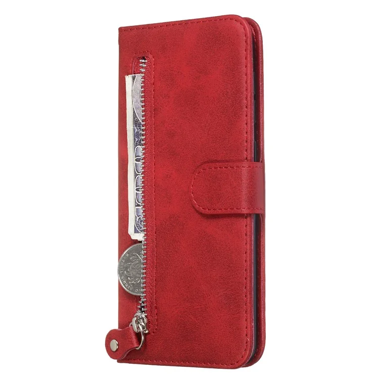 Zipper Pocket Wallet Stand Flip Leather Phone Cover for Samsung Galaxy A50/A50s/A30s - Red