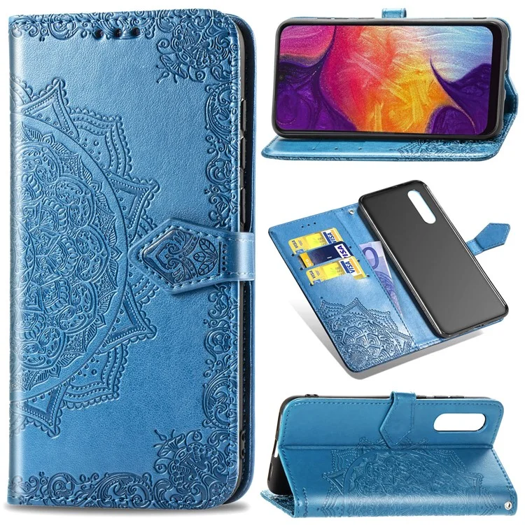 Cobertura De Couro De Flor De Meia Mandala Impresso Para Samsung Galaxy A50 / A50s / A30s - Azul