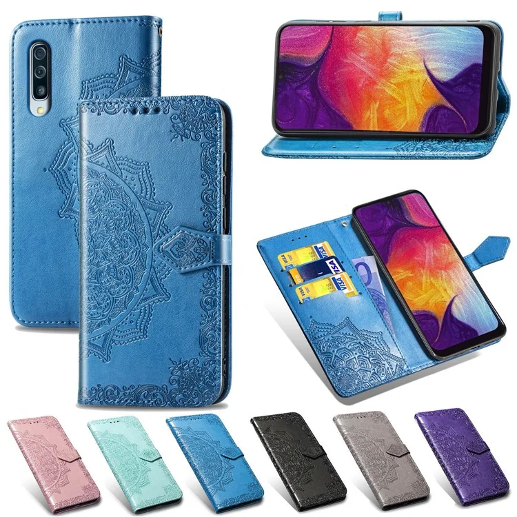 Cobertura De Couro De Flor De Meia Mandala Impresso Para Samsung Galaxy A50 / A50s / A30s - Azul