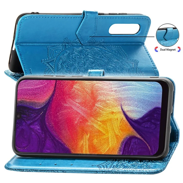 Cobertura De Couro De Flor De Meia Mandala Impresso Para Samsung Galaxy A50 / A50s / A30s - Azul