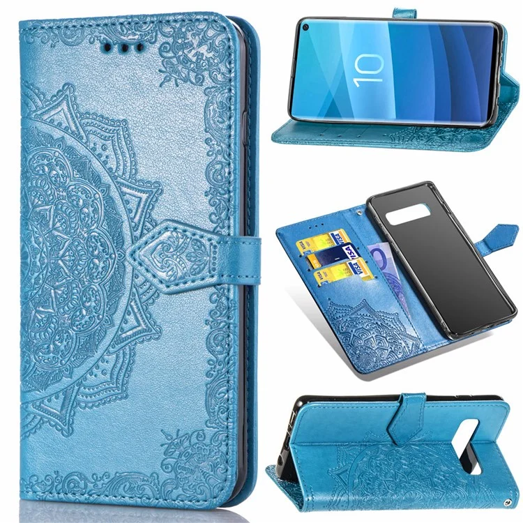 Portafoglio in pelle con stampa a rilievo Mandala Flower per Samsung Galaxy S10 - Blu