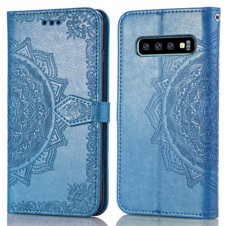 Portafoglio in pelle con stampa a rilievo Mandala Flower per Samsung Galaxy S10 - Blu