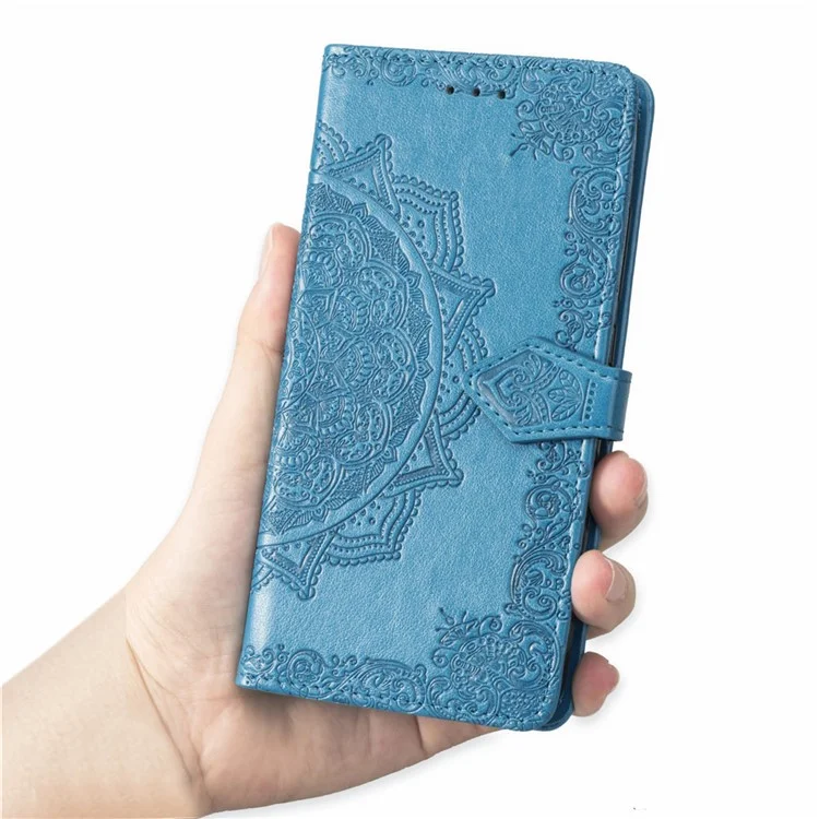 Portafoglio in pelle con stampa a rilievo Mandala Flower per Samsung Galaxy S10 - Blu