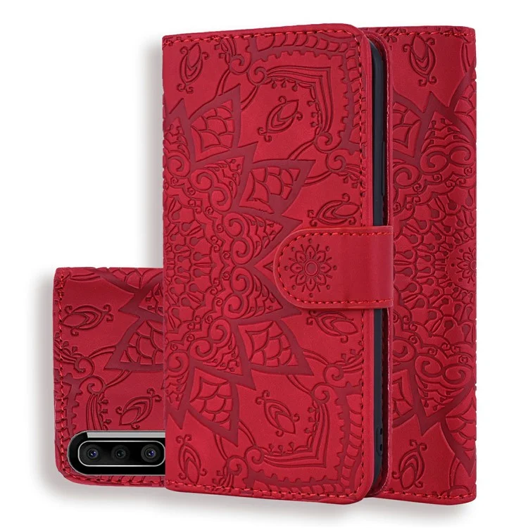 Imprint Mandala Flower Stand Wallet Leather Case Shell Cover for Samsung Galaxy A50/A50s/A30s - Red