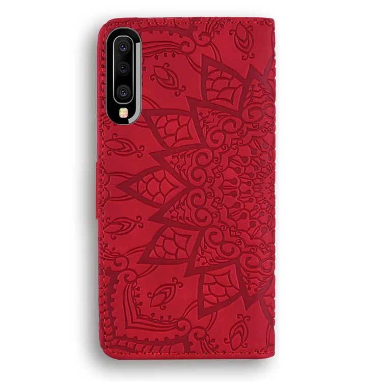 Imprint Mandala Flower Stand Wallet Leather Case Shell Cover for Samsung Galaxy A50/A50s/A30s - Red