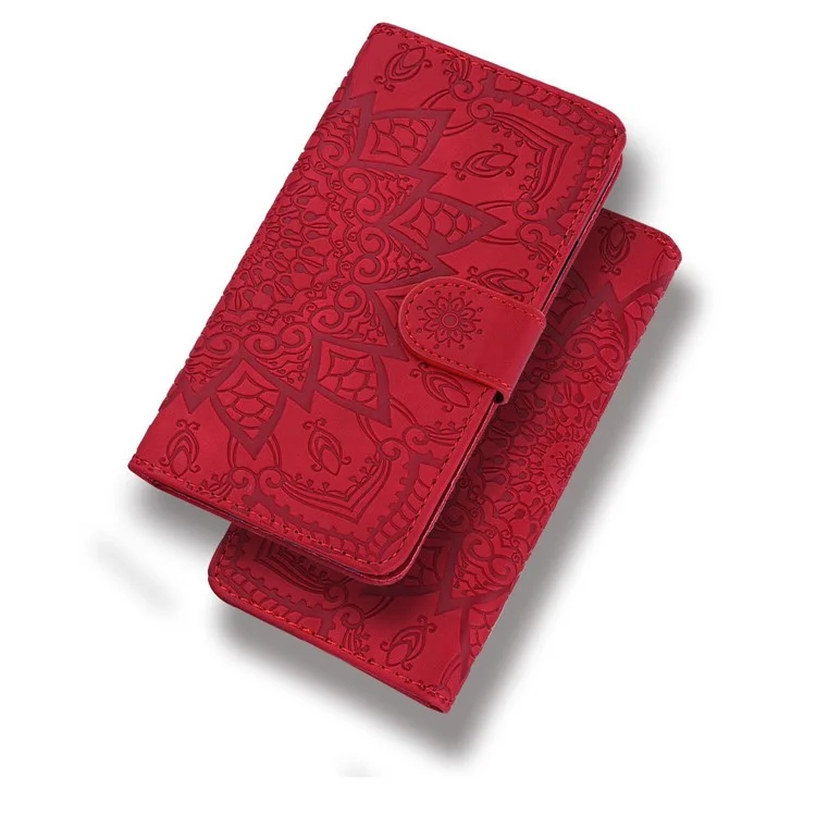 Imprint Mandala Flower Stand Wallet Leather Case Shell Cover for Samsung Galaxy A50/A50s/A30s - Red