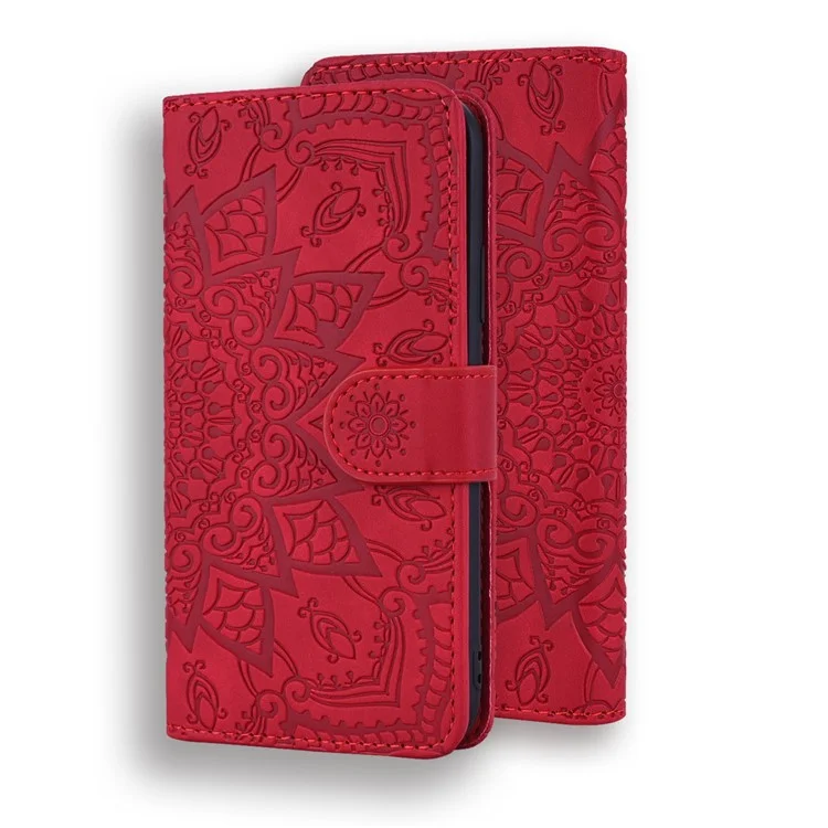 Imprint Mandala Flower Stand Wallet Leather Case Shell Cover for Samsung Galaxy A50/A50s/A30s - Red