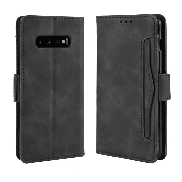 Leather Wallet Stand Cell Phone Cover Casing for Samsung Galaxy S10 Plus - Black