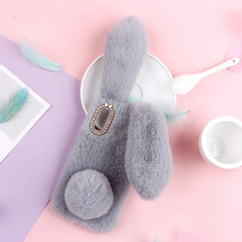 Rabbit Shape Fluffy Fur Coated TPU Phone Case for Samsung Galaxy A20e Cell Phone Accessory -  Light Grey