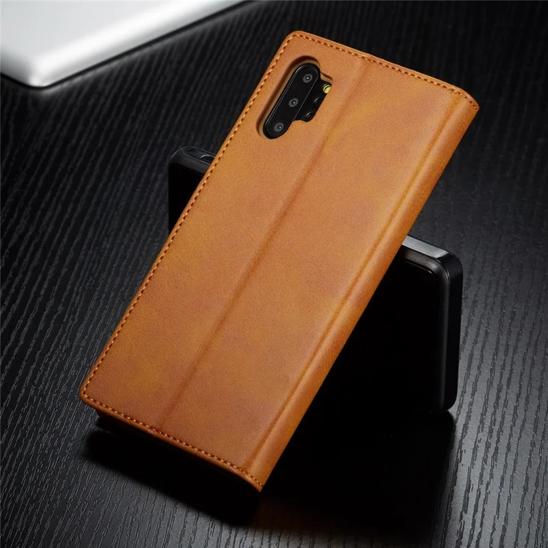 LC.IMEEKE PU Leather Protective Flip Wallet Casing for Samsung Galaxy Note 10 Plus/Note 10 Plus 5G - Brown