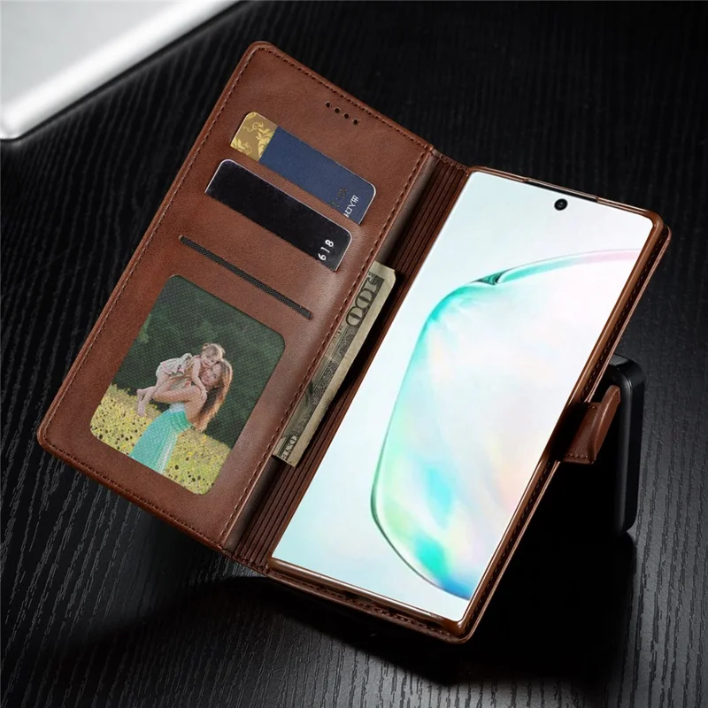 LC.IMEEKE PU Leather Protective Flip Wallet Casing for Samsung Galaxy Note 10 Plus/Note 10 Plus 5G - Coffee
