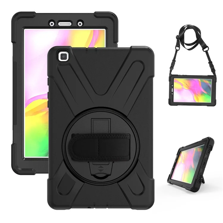 X-Form PC + TPU Combo-Hülle / 360-Grad-Schwenkbare Halterung / Handschlaufe und Schultergurt für Samsung Galaxy Tab A 8.0 (2019) SM-T290 SM-T295 - Schwarz