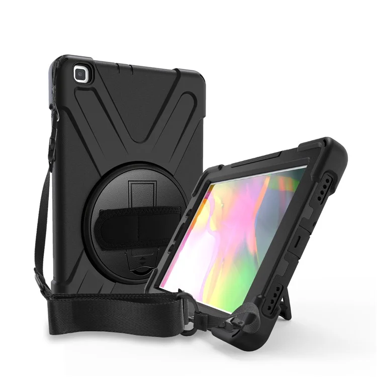 X-Form PC + TPU Combo-Hülle / 360-Grad-Schwenkbare Halterung / Handschlaufe und Schultergurt für Samsung Galaxy Tab A 8.0 (2019) SM-T290 SM-T295 - Schwarz