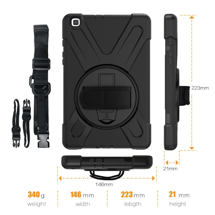 X-Form PC + TPU Combo-Hülle / 360-Grad-Schwenkbare Halterung / Handschlaufe und Schultergurt für Samsung Galaxy Tab A 8.0 (2019) SM-T290 SM-T295 - Schwarz