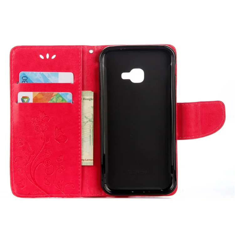 Impressum Schmetterling Blume PU Leder Brieftasche Hülle Für Samsung Galaxy Xcover 4s - Rot