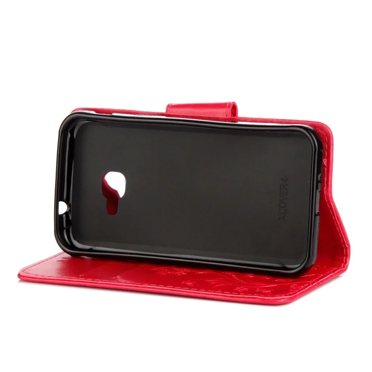 Impressum Schmetterling Blume PU Leder Brieftasche Hülle Für Samsung Galaxy Xcover 4s - Rot