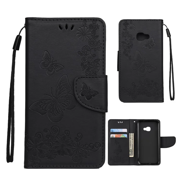 Imprint Flower Butterfly Leather Wallet Stand Case for Samsung Galaxy Xcover 4s - Black