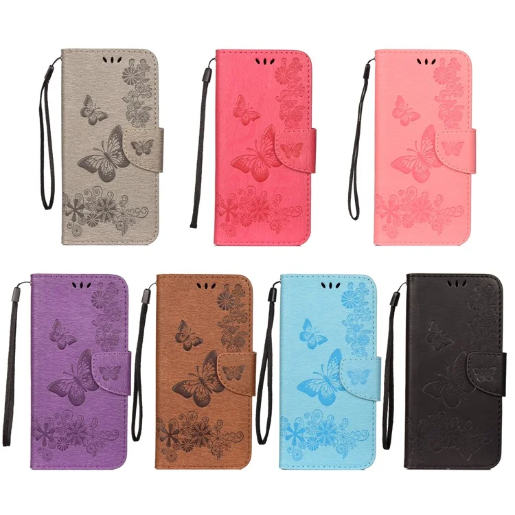 Imprint Flower Butterfly Leather Wallet Stand Case for Samsung Galaxy Xcover 4s - Black