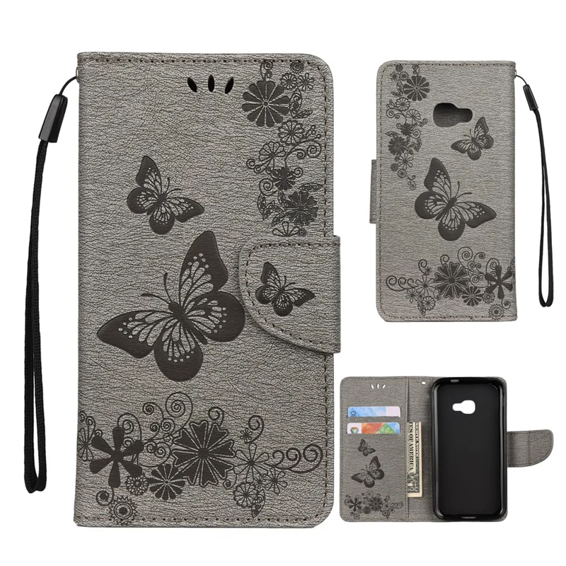 Imprint Flower Butterfly Leather Wallet Stand Case for Samsung Galaxy Xcover 4s - Grey