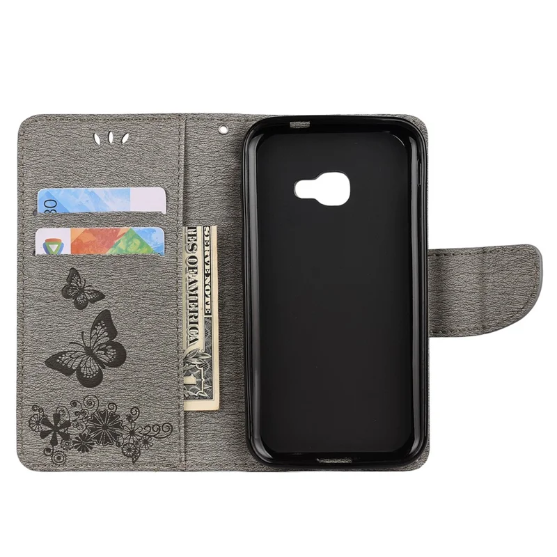 Imprint Flower Butterfly Leather Wallet Stand Case for Samsung Galaxy Xcover 4s - Grey