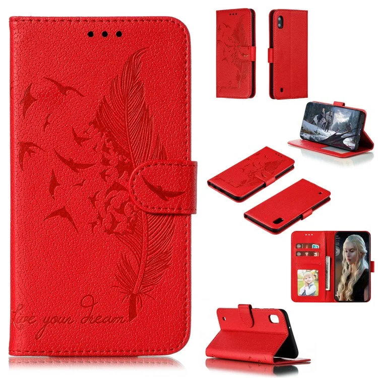 Capa de Telefone de Couro com Textura de Lichia e Suporte para Samsung Galaxy A10 - Vermelha