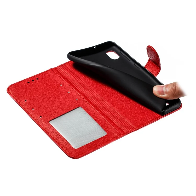 Capa de Telefone de Couro com Textura de Lichia e Suporte para Samsung Galaxy A10 - Vermelha