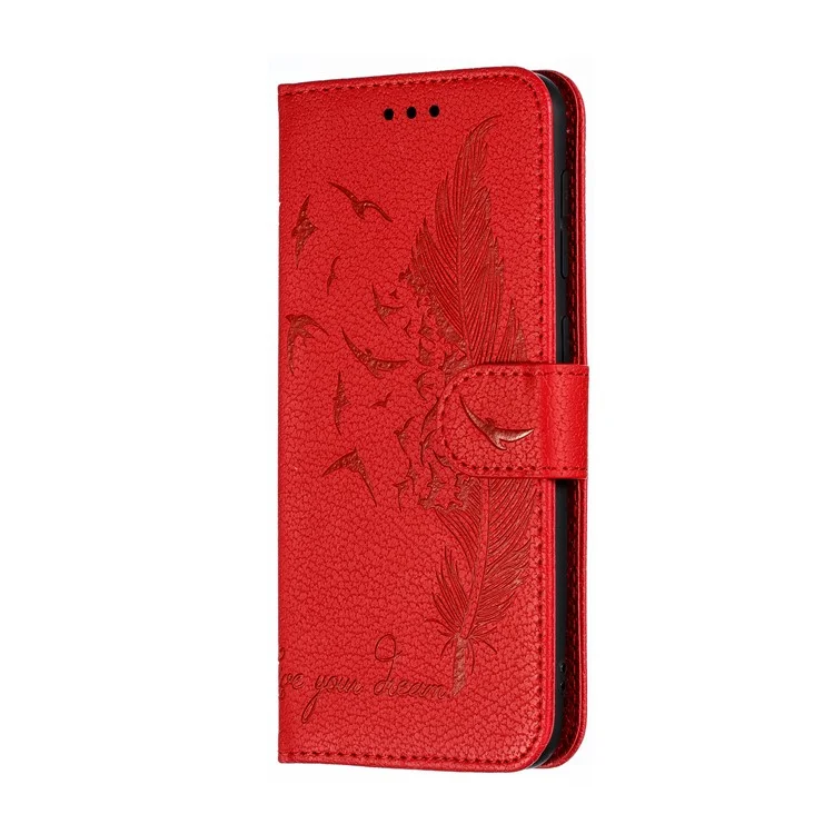 Capa de Telefone de Couro com Textura de Lichia e Suporte para Samsung Galaxy A10 - Vermelha