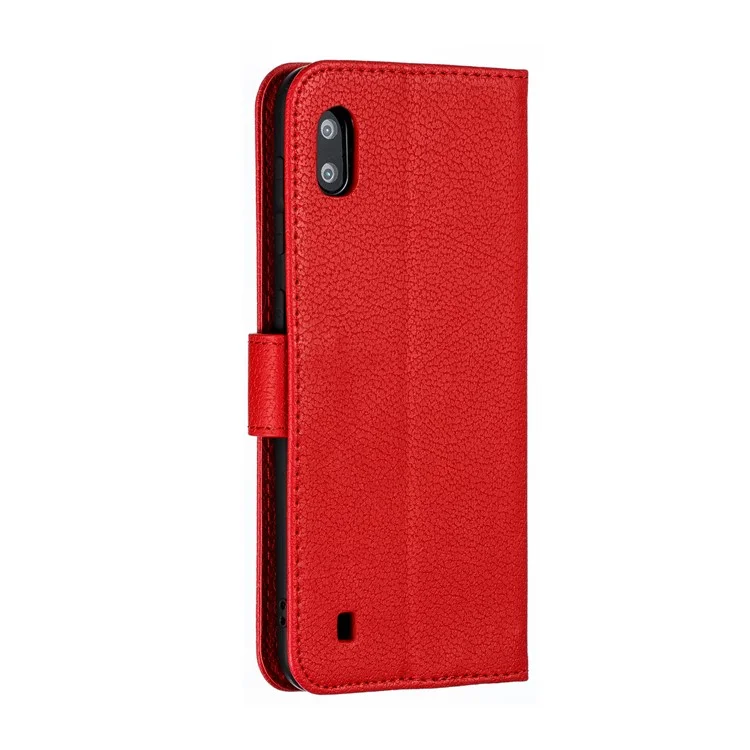 Litchi Texture Mentions Légales Coque De Téléphone En Cuir Avec Support Pour Samsung Galaxy A10 - Rouge