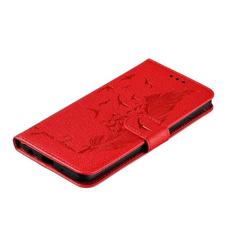 Capa de Telefone de Couro com Textura de Lichia e Suporte para Samsung Galaxy A10 - Vermelha