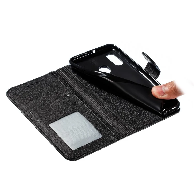 Funda de teléfono de cuero con textura de litchi y soporte para cartera para Samsung Galaxy A20e - Negro