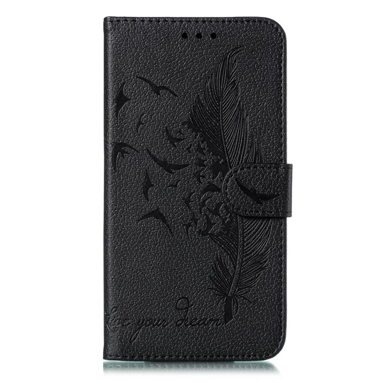 Litchi Texture Imprint Feather Leather Phone Case with Wallet Stand for Samsung Galaxy A20e - Black