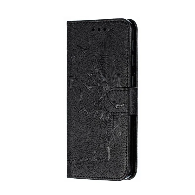 Litchi Texture Imprint Feather Leather Phone Case with Wallet Stand for Samsung Galaxy A20e - Black