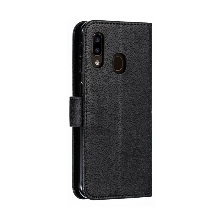 Litchi Texture Imprint Feather Leather Phone Case with Wallet Stand for Samsung Galaxy A20e - Black