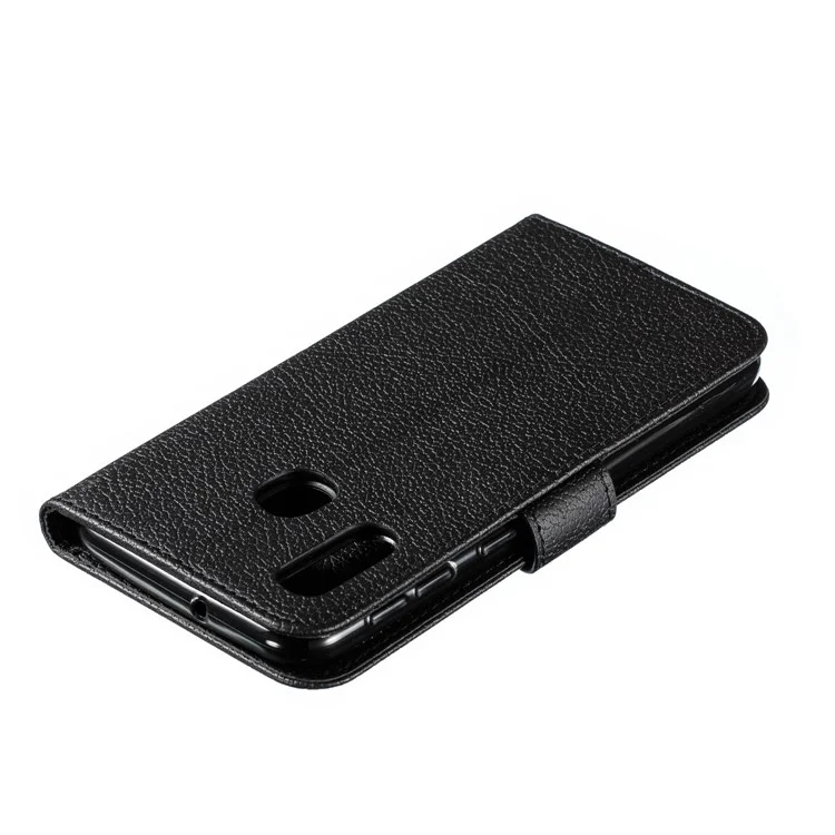 Litchi Texture Imprint Feather Leather Phone Case with Wallet Stand for Samsung Galaxy A20e - Black