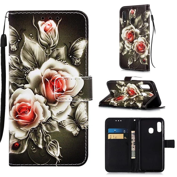 Modèle D'impression PU en Cuir Flip Stand de Téléphone Couverture de Téléphone Pour Samsung Galaxy A20e / A10e - Fleur