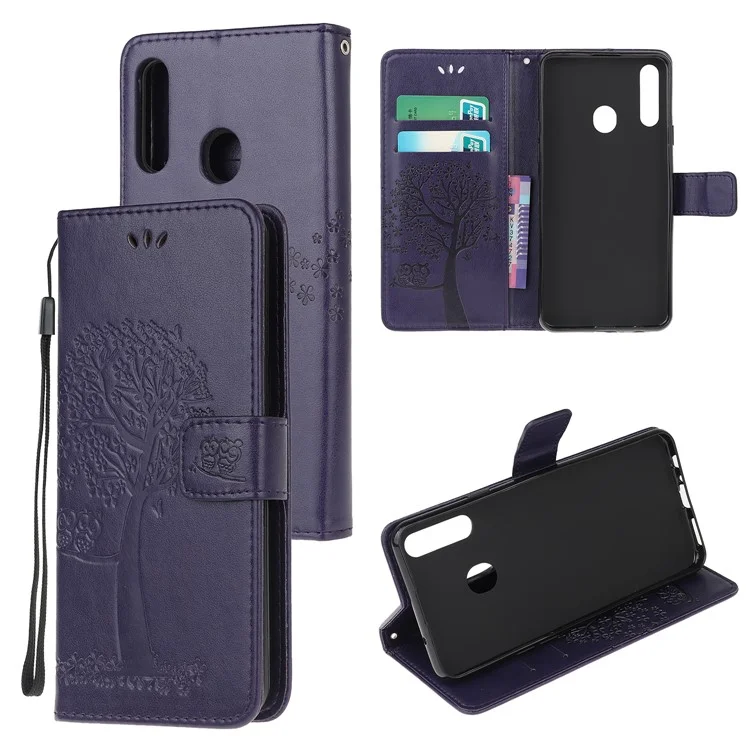 Imprint Tree Owl Leather Wallet Phone Casing for Samsung Galaxy A20s - Dark Purple