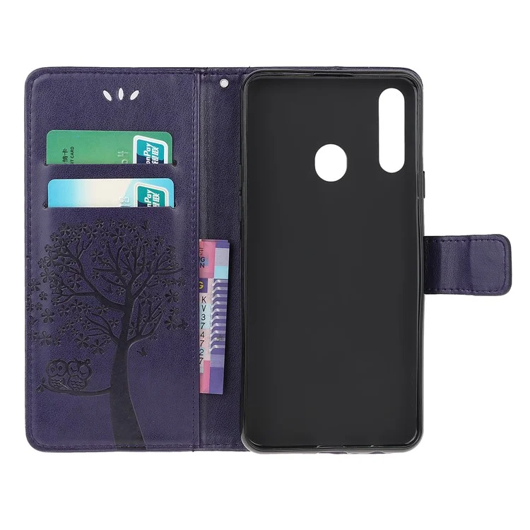 Imprint Tree Owl Leather Wallet Phone Casing for Samsung Galaxy A20s - Dark Purple