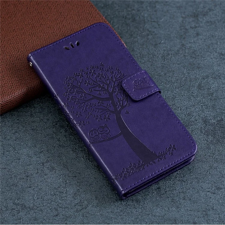 Imprint Tree Owl Leather Wallet Phone Casing for Samsung Galaxy A20s - Dark Purple