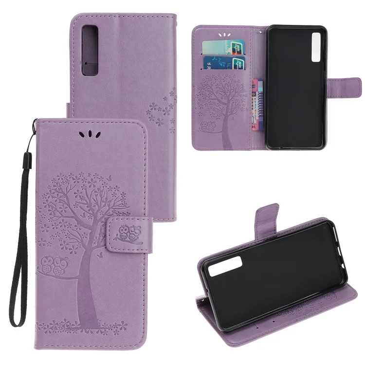 Imprint Tree Owl Leather Wallet Phone Case for Samsung Galaxy A50s/A50/A30s - Light Purple