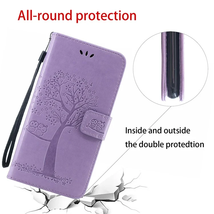 Imprint Tree Owl Leather Wallet Phone Case for Samsung Galaxy A50s/A50/A30s - Light Purple