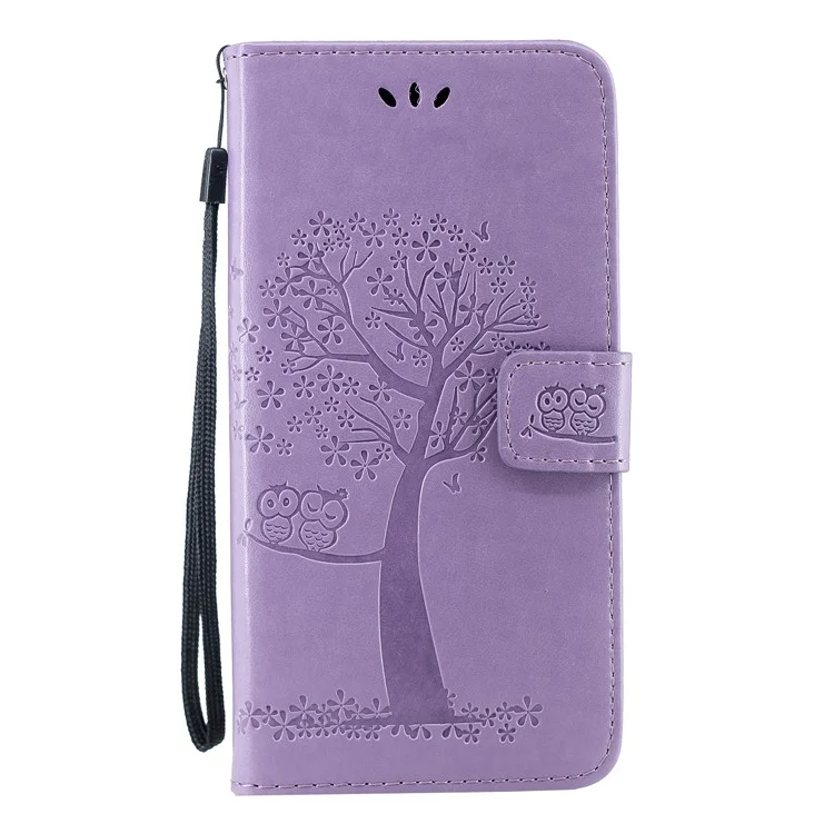 Imprint Tree Owl Leather Wallet Phone Case for Samsung Galaxy A50s/A50/A30s - Light Purple