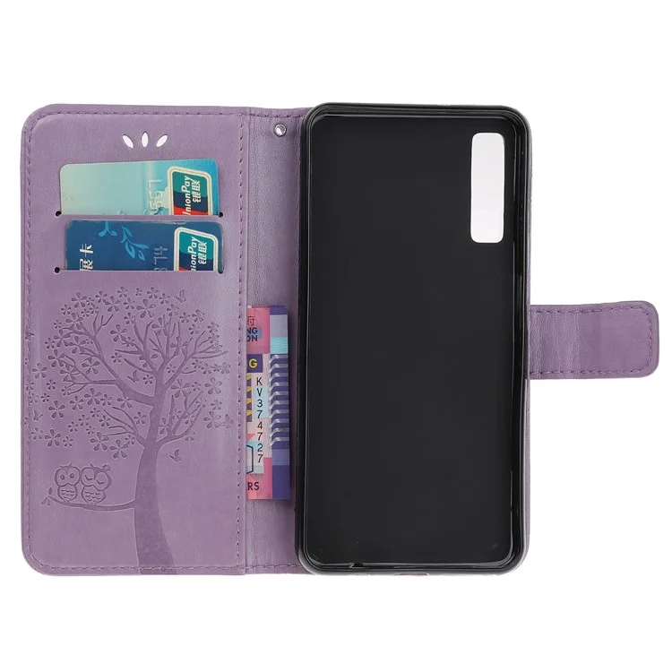 Imprint Tree Owl Leather Wallet Phone Case for Samsung Galaxy A50s/A50/A30s - Light Purple