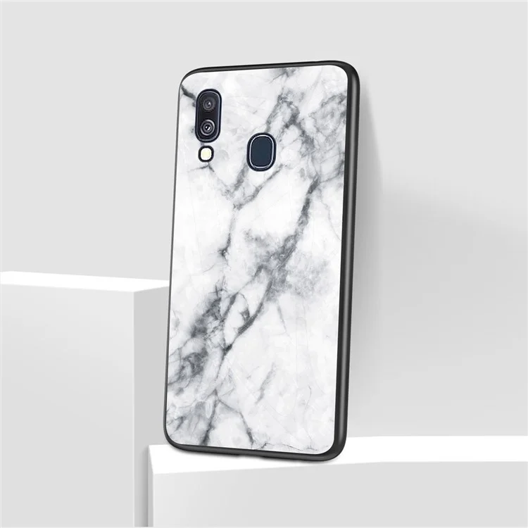 Marble Grain Pattern Tempered Glass PC + TPU Combo Case for Samsung Galaxy A40 - White