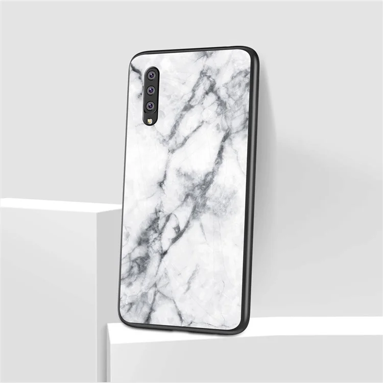 Marmormaserung Muster Gehärtetes Glas PC + TPU Handyhülle für Samsung Galaxy A50/A50s/A30s - Weiß
